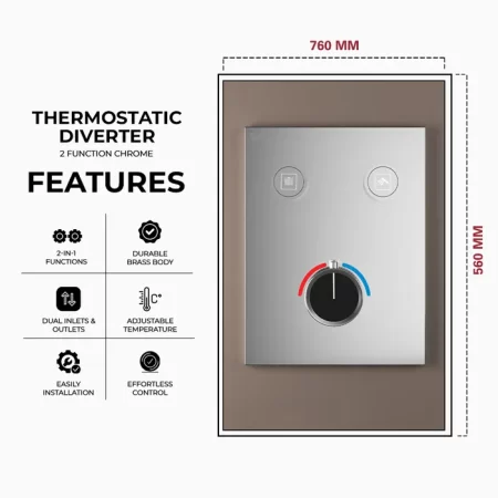 Gravity Bath 2-Function Smart Thermostatic Diverter â€“ Chrome | Brass Body | Child Lock | 760Ã—560 mm| Anti-Scald Safety | Dual Inlet &amp; Outlet | Flush-Mount Design