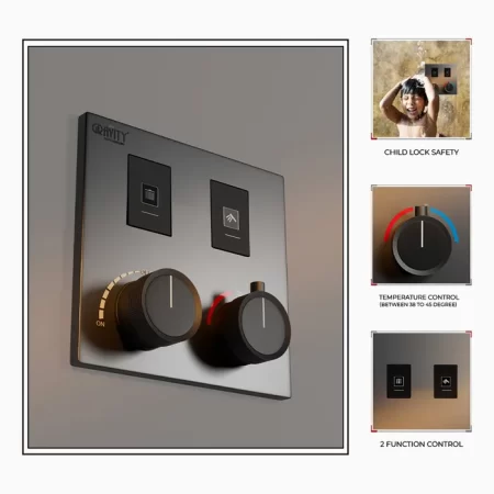 Gravity Bath 2-Function Thermostatic Diverter â€“ Grey Finish | Brass Body | Child Lock | 760Ã—560 mm| Anti-Scald Safety | Dual Inlet &amp; Outlet | Flush-Mount Design