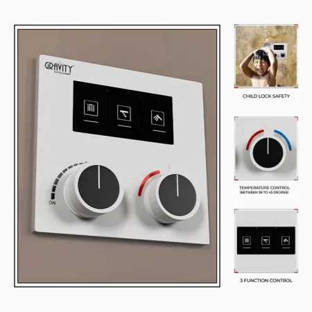 Gravity Bath 3-Function Thermostatic Diverter â€“ White Finish | Brass Body| Child Lock | 760Ã—560 mm| Anti-Scald Safety | Dual Inlet &amp; Outlet | Flush-Mount Design