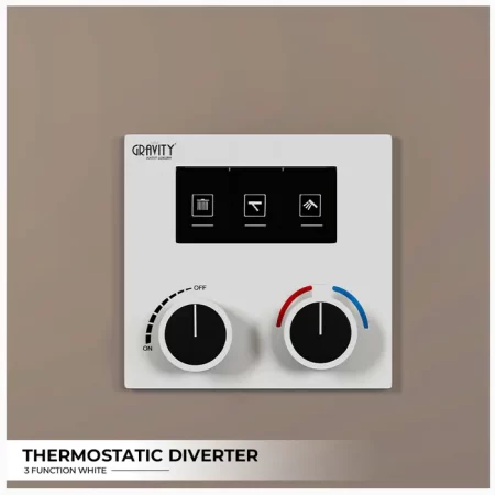Gravity Bath 3-Function Thermostatic Diverter – White Finish | Brass Body| Child Lock | 760×560 mm| Anti-Scald Safety | Dual Inlet & Outlet | Flush-Mount Design