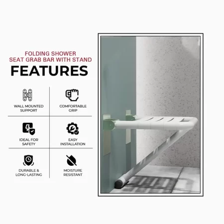 Wall-Mounted Floding Shower Seat Grab Bar With Stand Shower - Rain Shower Head, Bath Shower System