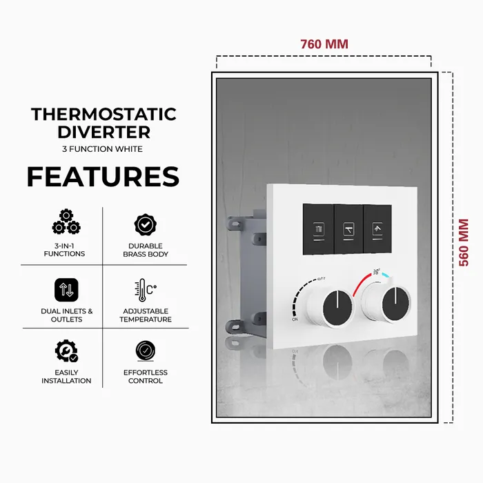 Gravity Bath 3-Function Thermostatic Diverter – White Finish | Brass Body| Child Lock | 760×560 mm| Anti-Scald Safety | Dual Inlet & Outlet | Flush-Mount Design