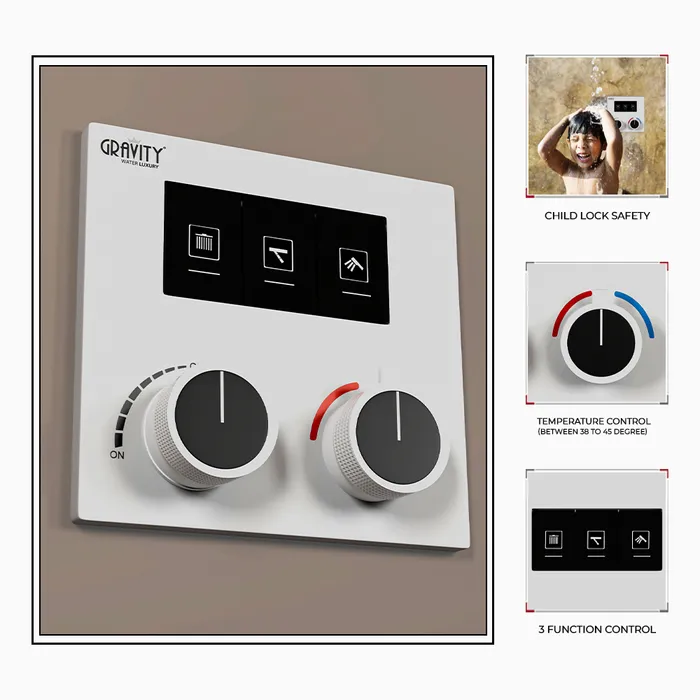 Gravity Bath 3-Function Thermostatic Diverter – White Finish | Brass Body| Child Lock | 760×560 mm| Anti-Scald Safety | Dual Inlet & Outlet | Flush-Mount Design - Image 2