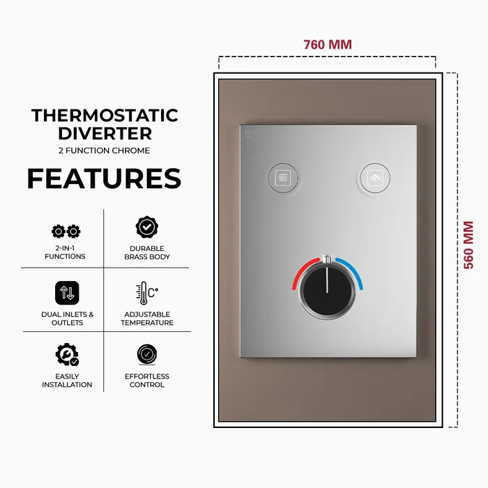 Gravity Bath 2-Function Smart Thermostatic Diverter – Chrome | Brass Body | Child Lock | 760×560 mm| Anti-Scald Safety | Dual Inlet & Outlet | Flush-Mount Design - Image 2